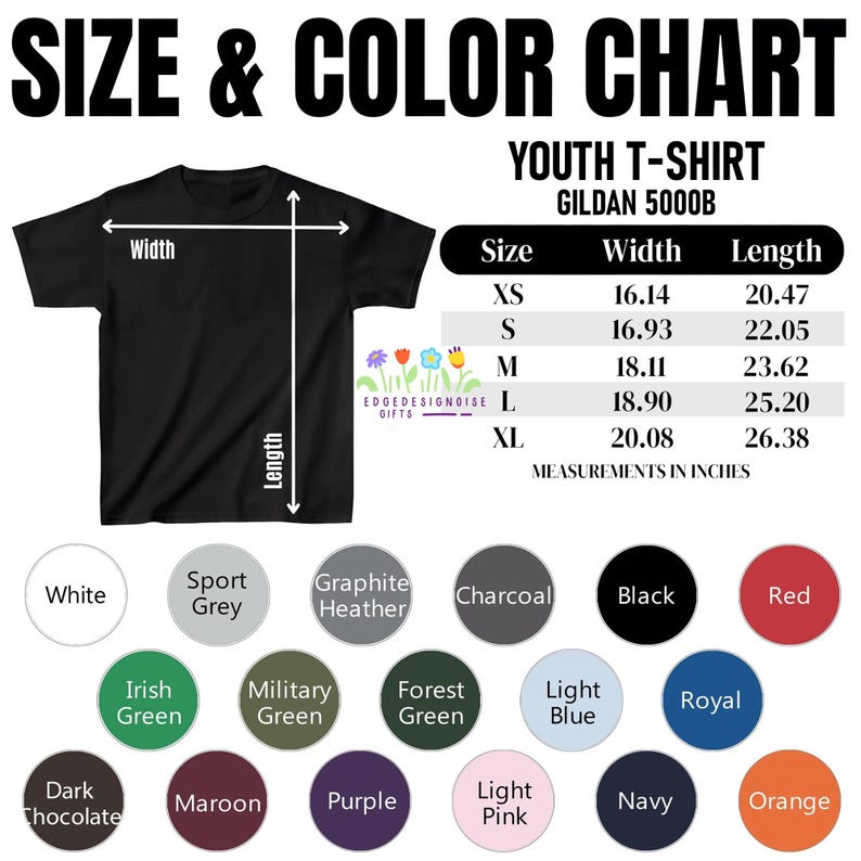 The image is a size and color chart for a youth t-shirt, including a black t-shirt with measurements and color swatches for different sizes.