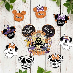May include: A collection of Halloween-themed stickers featuring Disney characters. Designs include pumpkins, bats, ghosts, and Mickey Mouse ears, all with personalized "Name" text. The central sticker promotes a "Halloween on the High Seas" cruise.
