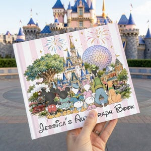May include: A square autograph book with a light pink and white striped cover featuring a watercolor illustration of Mickey Mouse, Minnie Mouse, Donald Duck, Daisy Duck, Goofy, and Pluto in front of a castle, with the text Jessica's Autograph Book.