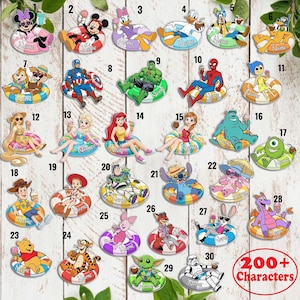 May include: A collection of 30 numbered cartoon character stickers, each featuring a character sitting in a colorful inflatable pool float with the word Name printed on the center. The characters include various figures from animated films and superhero franchises.