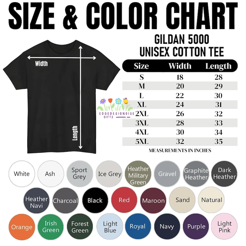The image is a size and color chart for a GILDA 5000 unisex cotton tee. It includes a black t-shirt with measurements and a variety of color swatches for different sizes and colors.