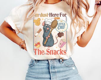 Just Here For The Snacks Shirt, Retro Little Chef Remy Tee, Vintage Theme Park Food Tops, Funny Mouse Vacation Apparel, Epcot Trip Outfits