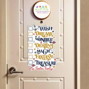 May include: A white door with a decorative sign featuring the words "Wish, Dream, Wonder, Destiny, Magic, Fantasy, Treasure" in a whimsical font. The sign includes check boxes and the text "The Smith Family". A round sign with flowers is above.