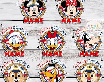 May include: A collection of Disney Cruise Line themed stickers featuring various Disney characters. Each sticker has a nautical design with the character's face, the words "Disney Cruise Line," and a space for a name. Characters include Mickey, Minnie, Donald, Daisy, Goofy, Pluto, and Chip and Dale.