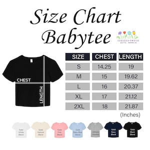 The image is a size chart for a baby tee, showing the measurements for different sizes.