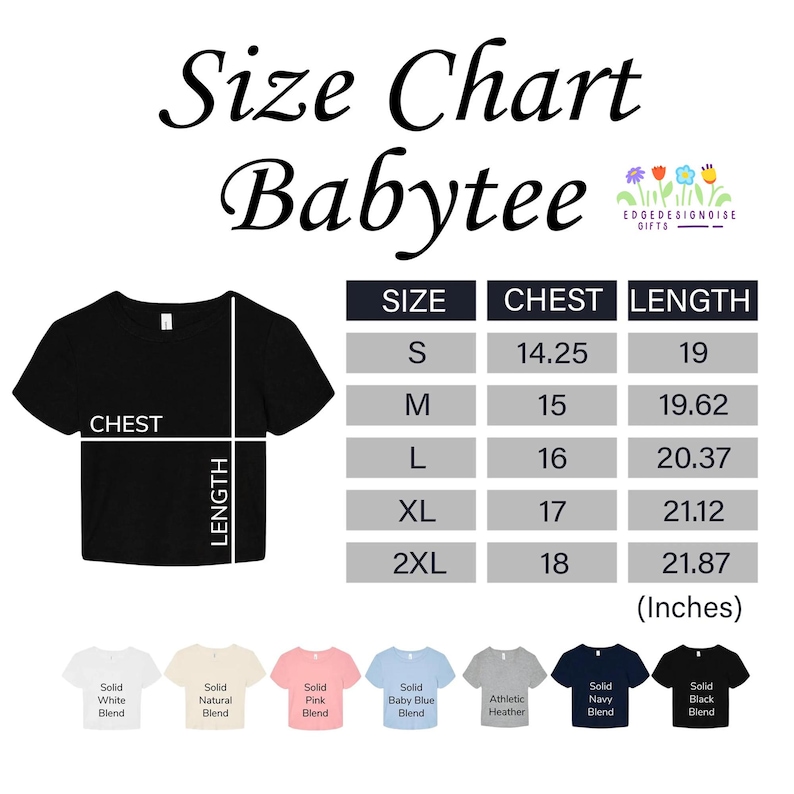 The image is a size chart for a baby tee, showing the measurements for different sizes.