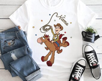 Personalized Cowboy Shirt, Custom Name Toy Story Tee, Woody And Bullseye Top, Boy Birthday Party Gift, Disney World Trip Apparel, Group Wear