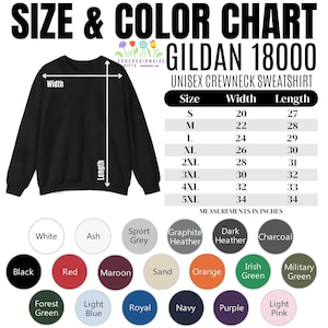 The image is a size and color chart for a GILLETTE 1800 crewneck sweatshirt. It includes a black crewneck sweatshirt and a color chart with various color options and corresponding measurements.