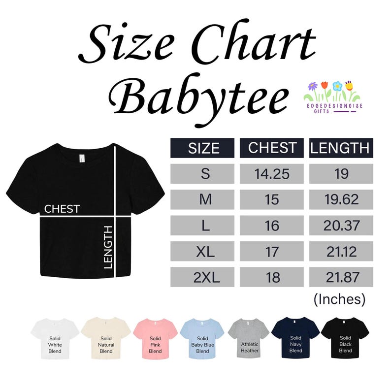 The image is a size chart for a baby tee, showing the measurements for different sizes.