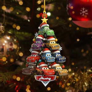 Personalized Cars Movie Ornament, Custom Name Lightning McQueen, Christmas Tree Decor, Animated Car Characters, Stacked Cars Family Gift