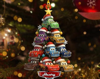 Personalized Cars Movie Ornament, Custom Name Lightning McQueen, Christmas Tree Decor, Animated Car Characters, Stacked Cars Family Gift