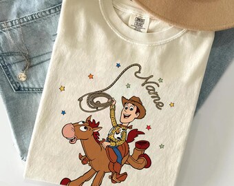 Personalized Cowboy Shirt, Custom Name Toy Story Tee, Woody And Bullseye Top, Boy Birthday Party Gift, Disney World Trip Apparel, Group Wear