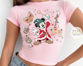 Walt Disney Fantasmic Coquette Christmas Baby Tee Crop Top, Fantasmic Baby Tee, WDW Baby Tee, Christmas Mickey Sorcerer Baby Tee
