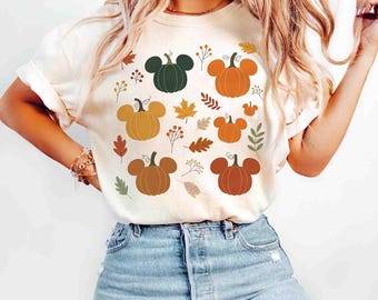 Camiseta Comfort Colors Mickey Calabaza Halloween Patchwork, Camiseta de otoño, Camiseta con silueta de Mickey Mouse, Camiseta rústica de otoño con cara de calabaza