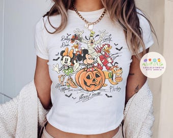 Retro Mickey & Friends with Signs Halloween Baby Tee Crop Top, Mickey's Not So Scary Halloween Party Baby Tee, Halloween Party 2025 Tank Top
