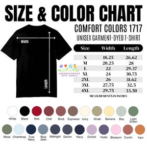 The image is a size and color chart for a unisex garment-dye t-shirt. It provides measurements for different sizes and corresponding colors, including a black t-shirt, a red t-shirt, a black, red, and blue t-shirt, and a black, red, and blue t-shirt. The chart also includes a color swatch with various shades of green, blue, and purple.