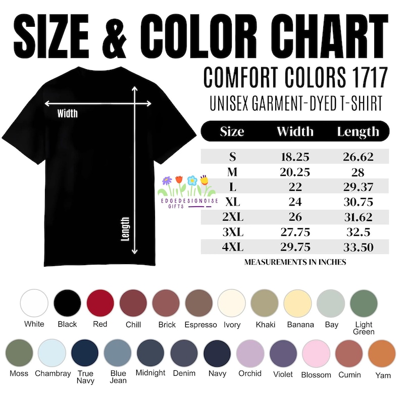 The image is a size and color chart for a unisex garment-dye t-shirt. It provides measurements for different sizes and corresponding colors, including a black t-shirt, a red t-shirt, a black, red, and blue t-shirt, and a black, red, and blue t-shirt. The chart also includes a color swatch with various shades of green, blue, and purple.