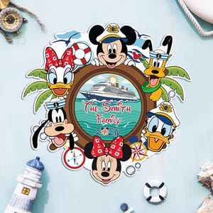 May include: A circular family cruise-themed decoration featuring Mickey Mouse, Minnie Mouse, Donald Duck, Daisy Duck, Goofy, and Pluto. The design includes a cruise ship, the text "The Smith Family 2020", and nautical elements.