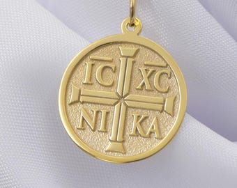 Naszyjnik z krzyżem IC XC NIKA ze złota próby 14K – grecki prawosławny wisiorek, religijny złoty wisiorek, ręcznie robiony prezent z okazji chrześcijańskiej biżuterii