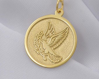 14K Solid Gold Dove Necklace – Peace Symbol Pendant, Handmade Bird Charm Jewelry, Personalized Gift, Minimalist Gold Necklace for Women