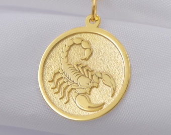 14K Solid Gold Scorpio Necklace – Zodiac Coin Pendant, Minimalist Celestial Astrology Jewelry & Birthday Gift for Women/Men – Free Engraving