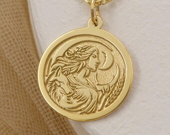 14K Solid Gold Artemis Pendant Necklace – Greek Goddess Moon Jewelry, Personalized Mythology Gift for Her, Feminine Power Charm Handmade