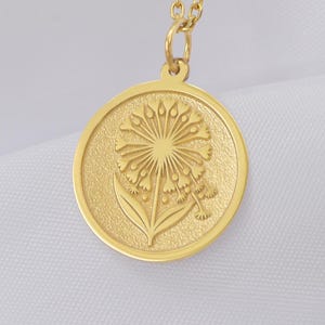 14K Solid Gold Dandelion Necklace – Minimalist Botanical Charm for Women, Make a Wish Coin Jewelry Gift, Spiritual Piece, Free Engraving