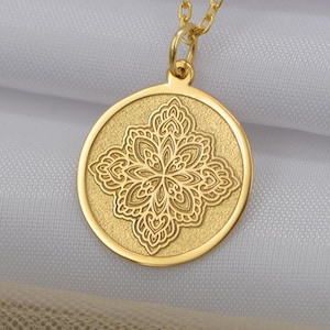 14K Solid Gold Mandala Necklace – Personalized Pendant | Lotus Mandala Jewelry, Spiritual Gift for Her, Handmade Gold Symbol Necklace