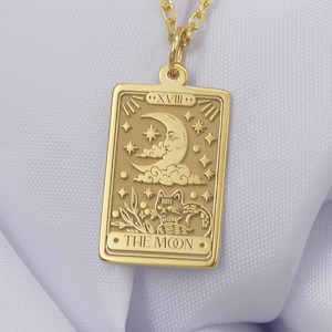 Collar con colgante de carta del Tarot de la Luna en oro macizo de 14 quilates: joyería celestial espiritual, regalo simbólico personalizado para ella, amuleto místico hecho a mano.