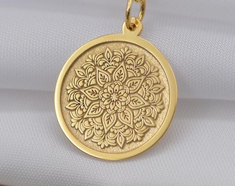 14K Solid Gold Mandala Pendant – Personalized Sacred Symbol Necklace | Gift for Her, Handmade Spiritual Jewelry, Minimalist Gold Charm