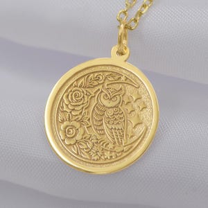 14K Solid Gold Owl Necklace – Wisdom and Night Pendant, Botanical Charm Jewelry for Her, Handmade Nature Gift, Free Engraving, Gift For Her