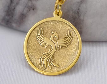 14K Solid Gold Phoenix Necklace – Personalizowany wisiorek z symbolem odrodzenia | Prezent dla niej, ręcznie robiona biżuteria mityczna, zawieszka Firebird