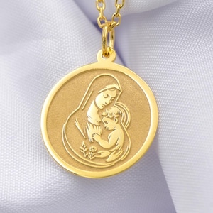 14K Solid Gold Mary and Baby Jesus Necklace – Virgin Mary Religious Pendant, Handmade Catholic Gift, Custom Engraved Holy Charm Jewelry