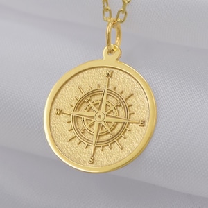 14K Solid Gold Compass Necklace – Symbolic Pendant of Direction & Resilience, Spiritual Travel Gift for Her, Free Engraving
