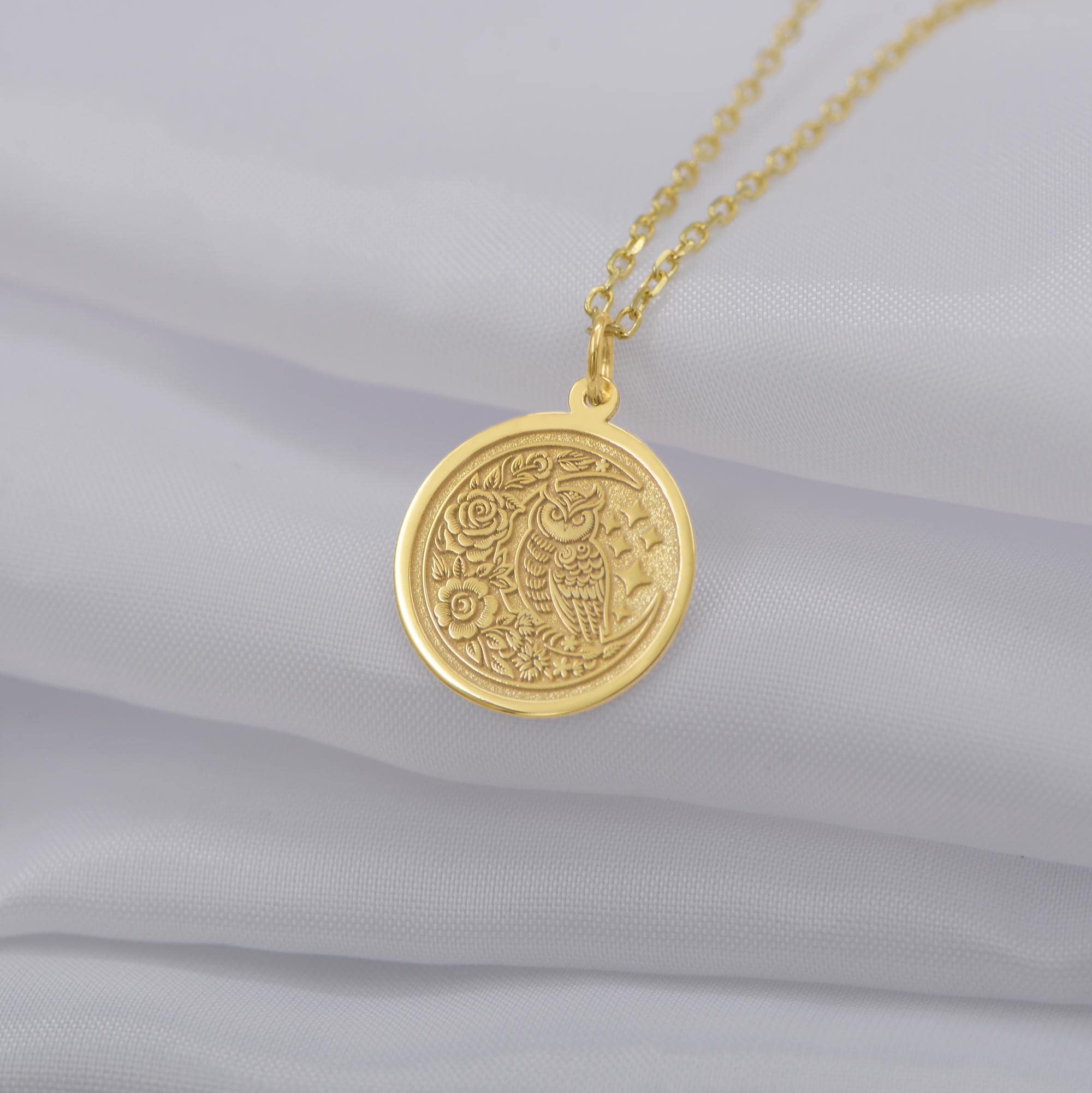 14K Solid Gold Owl Necklace – Wisdom and Night Pendant, Botanical Charm Jewelry for Her, Handm