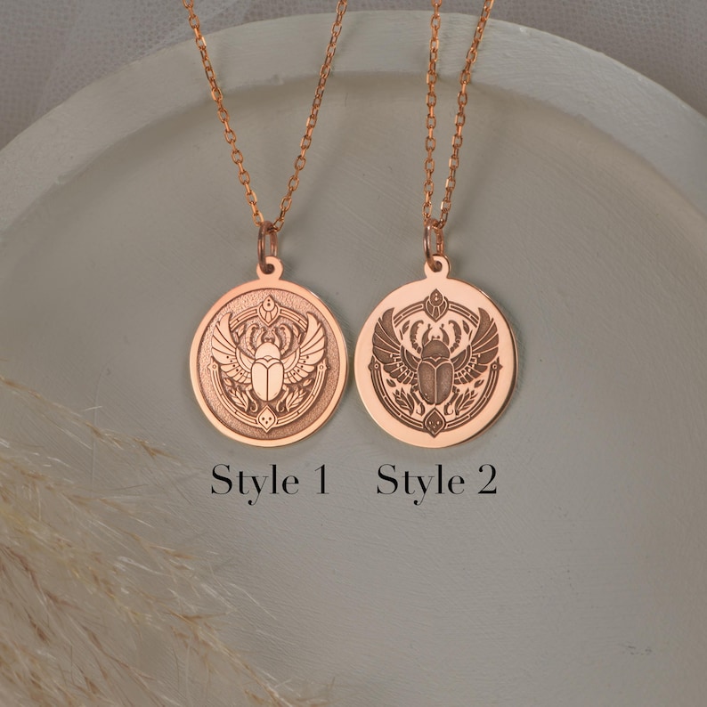 14k Solid Gold Scarab Necklace, Egyptian Winged Beetle Coin Pendant ...