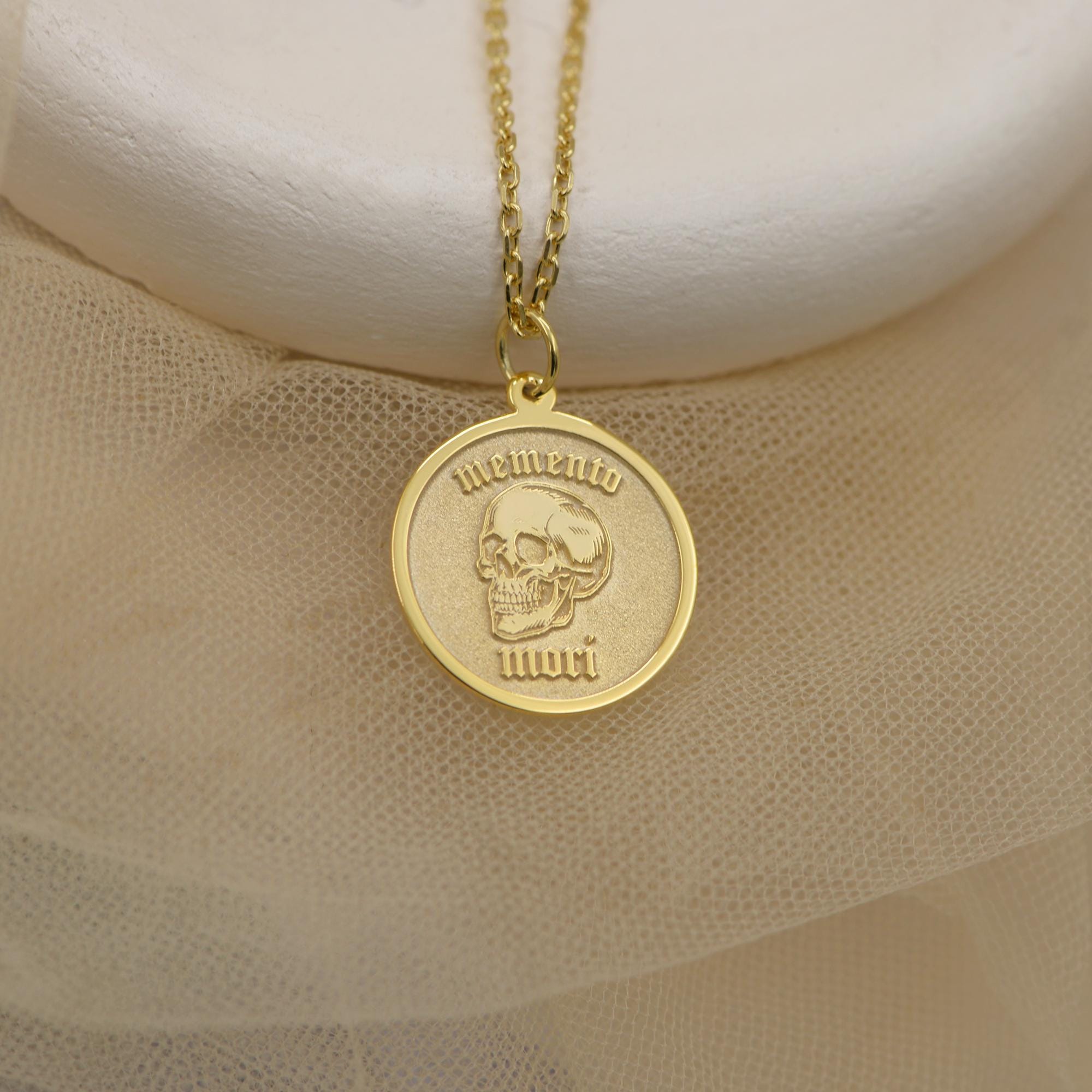 14K Solid Gold Memento Mori Necklace – Stoic Skull Pendant, Custom Engraved Charm, Handmade Death Jewelry, Remembrance Gift for Her