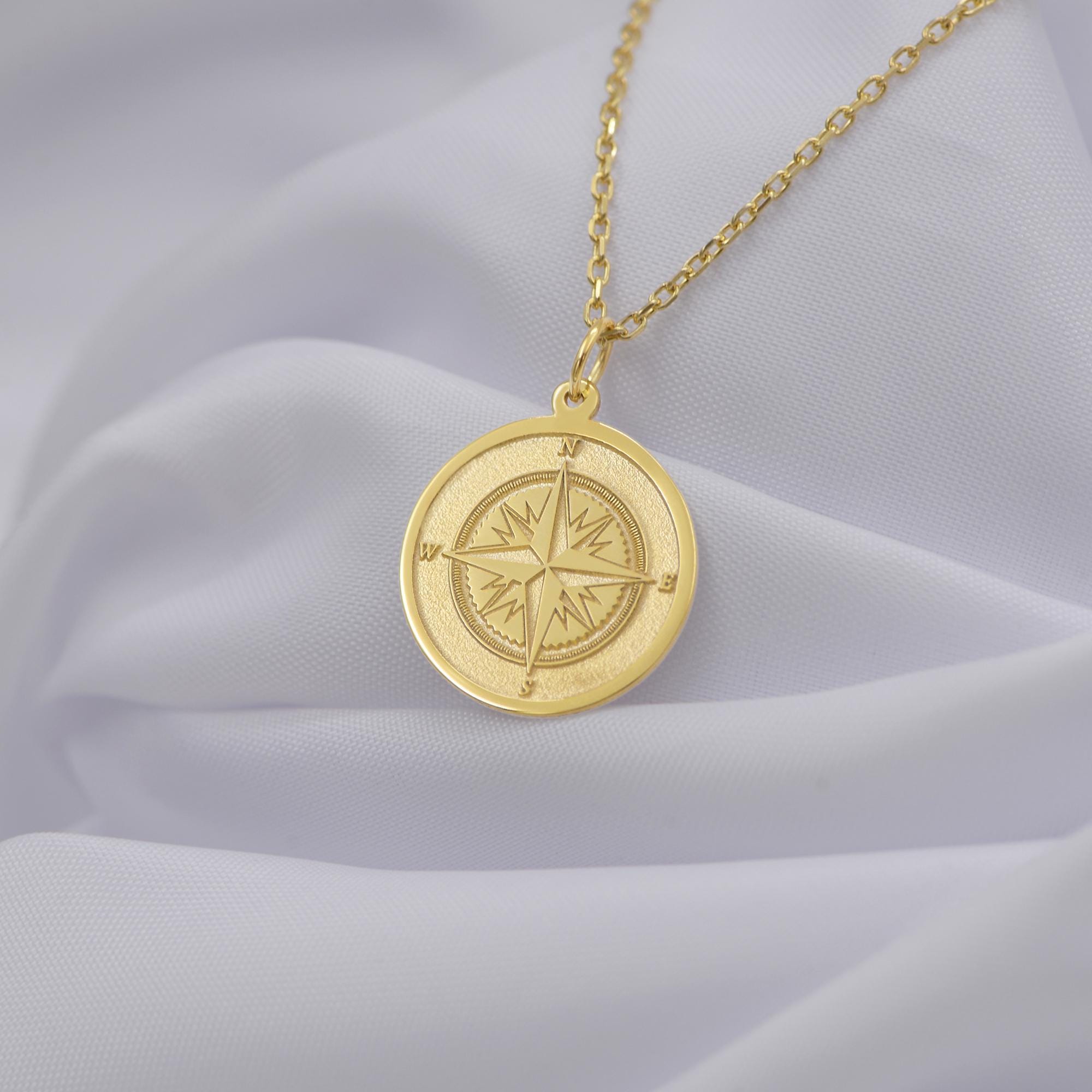10k Gold Nautical Compass North Star Pendant – Handcrafted Yellow Gold Necklace With Starburst Design - View #7