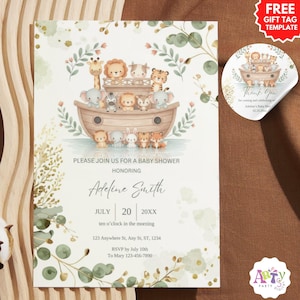 May include: Baby shower invitation featuring an illustration of Noah's Ark with various animal characters. The invitation includes the text "Please join us for a baby shower honoring Adeline Smith" and event details. A matching gift tag is also included.