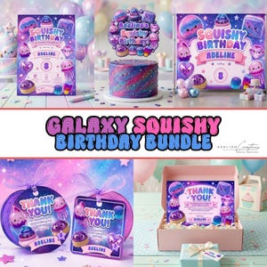 May include: A Galaxy Squishy Birthday bundle featuring party supplies with purple and blue space-themed graphics, cute squishy character illustrations, and text including Squishy Birthday, Adeline, and Thank You, presented in various formats.