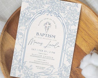 Plantilla de invitación para bautizo de niño, invitación de bautizo con estampado toile azul, invitación de bautizo para bebé niño, invitación digital editable y elegante de carácter religioso.