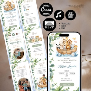 Puede incluir: Una plantilla de invitación digital para un primer cumpleaños y bautizo con ilustraciones en acuarela de animales en un arca de madera, hojas de eucalipto y detalles de texto para Elijah Lincoln, incluyendo fecha, hora y lugar.