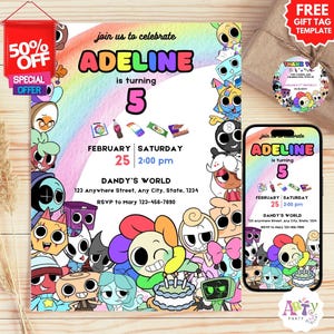 Dandy's World Game verjaardagsuitnodiging, bewerkbare cartoon feestuitnodiging (digitale download)