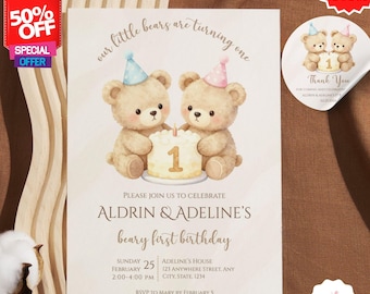 Twin Bear First Birthday Invitation | Blue Pink Teddy Bear Twins (Digital Download)