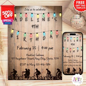 May include: A birthday party invitation with the text "Adeline's 9th Birthday" and event details. The design features string lights, a wood-grain background, and silhouettes of people on bikes. Includes a 50% off offer.