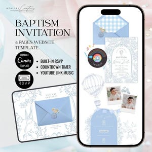 Può includere: Un modello di sito web per invito al battesimo con uno schema di colori azzurro, illustrazioni floreali, una grafica di mongolfiera e due foto in stile polaroid di un bambino. L'interfaccia include una busta, un pulsante RSVP e un lettore musicale.