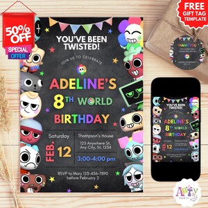May include: A birthday party invitation with the text "You've Been Twisted!" and "Adeline's 8th World Birthday." The invitation includes the date, time, and location. A gift tag template and a smartphone displaying the invitation are also shown.