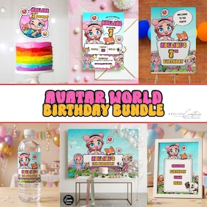 Puede incluir: Un paquete de fiesta de cumpleaños de Avatar World que incluye un adorno para pastel, invitación, letrero de bienvenida, etiqueta para botella de agua y letrero personalizado. Los diseños incluyen un personaje de dibujos animados con pelo rosa.