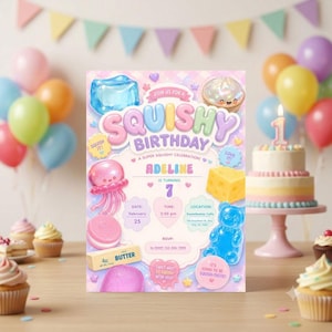 Modèle d'invitation d'anniversaire squishy, invitation tendance pour une fête squishy, invitation d'anniversaire kawaii mignonne, téléchargement numérique Canva modifiable