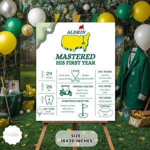 Könnte beinhalten: Ein personalisiertes Meilenstein-Poster auf einer Staffelei mit dem Namen "ALDRIN" und dem Satz "MASTERED HIS FIRST YEAR". Das Poster enthält Maße, Lieblingsdinge und eine Größe von 40,6 x 50,8 cm.